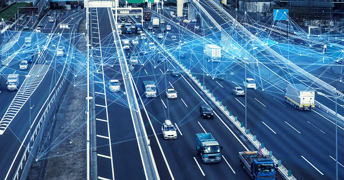Traffic on highway with digital lines overlay