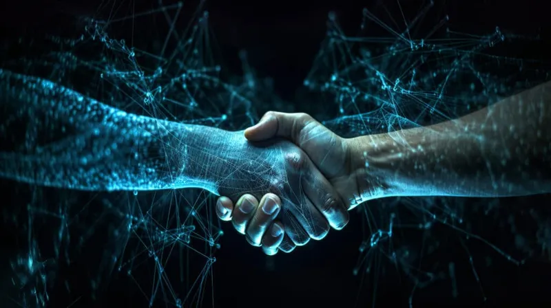 Two hands shaking, one human and one digital