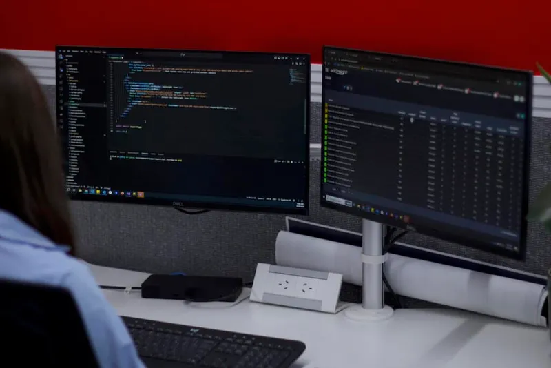 Person sitting at office desk, looking at two computer monitors