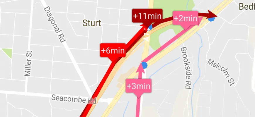 Screenshot of map showing travel times on South Australian roads