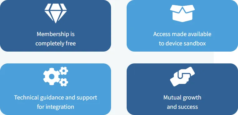 Four rectangles: 'Membership is completely free', 'Access made available to device sandbox', 'Technical guidance and support for integration', 'Mutual growth and success'