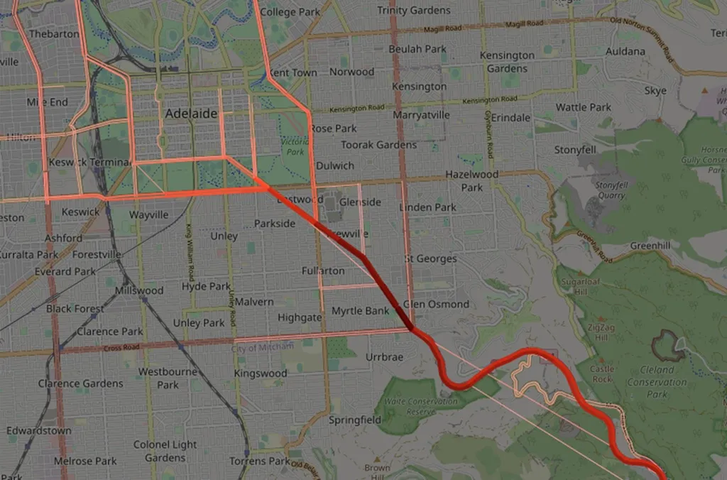 Map of Adelaide with orange and red highlighted roads
