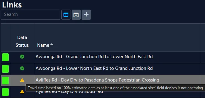 Tooltip on Data Status column on Links Resource List in Addinsight Software